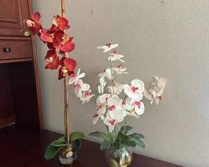 Pair of Artificial Orchid Floral Arrangements in Decorative Glass Vases