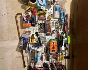 Garage Tool & Hardware Lot | Hand Tools, Electrical Supplies, Fasteners, Caulk, Pegboard Accessories & More