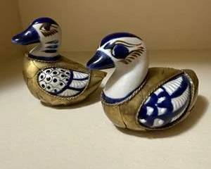 Pair of Vintage Blue, White Ceramic & Brass Duck Figurines