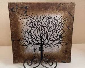 Decorative Tree of Life Tile on Black Metal Scroll Easel Stand