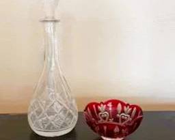 Cut Crystal Decanter & Ruby Red Cut-to-Clear Crystal Bowl | Elegant Barware & Decorative Glassware Set