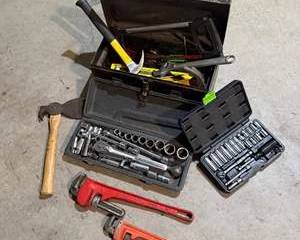 Mechanic's Tool Lot | Socket Sets, Pipe Wrenches, Hammers, Metal Toolbox & Hand Tools