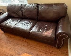 Brown Leather 3-Seat Sofa with Rolled Arms & Nail head Trim