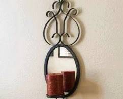 Decorative Black Metal Wall Sconce with Mirror & Red Pillar Candle
