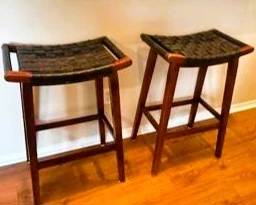 Pair of Woven Leather Counter Stools | Contemporary Wood Bar Stools | Modern Kitchen Seating