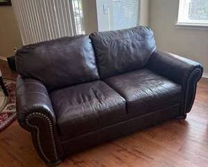 Brown Leather Loveseat with Rolled Arms