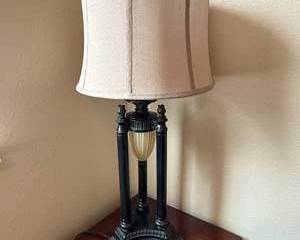 Traditional Column Table Lamp with Pleated Bell Shade – Black & Gold-Tone Accent Lamp