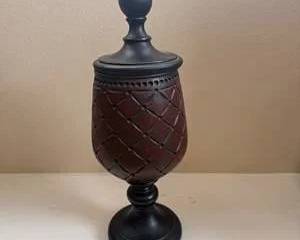 Decorative Lidded Pedestal Urn – Red & Black Diamond Pattern Accent Décor