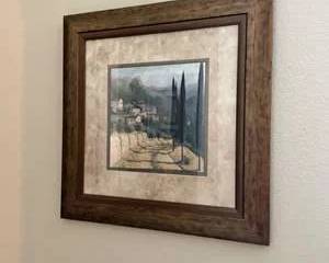 Framed Tuscan Landscape Art Print with Cypress Trees – Rustic Wood Frame