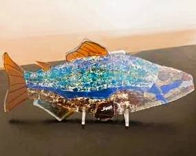 Signed Fused Glass Fish Sculpture | Handcrafted Art Glass Coastal Décor | Nautical Tabletop Accent
