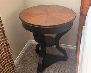 Round Two-Tone Accent Table with Starburst Wood Top & Sculptural Base