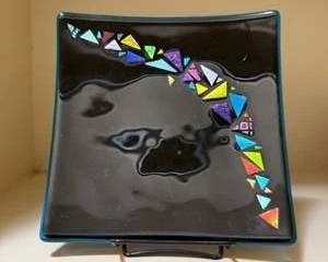Black Art Glass Square Dish with Colorful Mosaic Accent