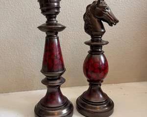 Pair of Decorative Chess Piece Sculptures – Knight & Rook Red/Black Finish