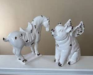 Distressed White Ceramic Horse & Flying Pig Figurines