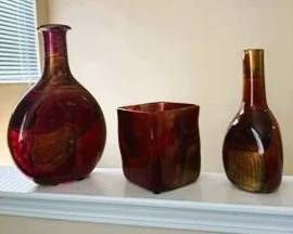 Set of 3 Red & Amber Art Glass Vases – Assorted Shapes