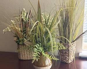 Artificial Greenery & Grass Arrangements in Decorative Pots and Woven Baskets