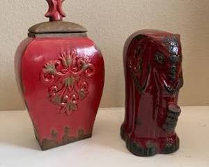 Red Asian-Inspired Decorative Accents – Lidded Jar & Elephant Figurine