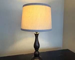 Dark Wood Table Lamp with Fabric Drum Shade | Classic Accent Lamp | Living Room Bedroom Office Lighting
