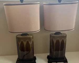 Matching Pair of Decorative Table Lamps with Floral Bases & Shades