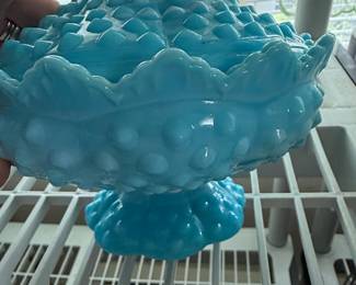 Fenton Blue Opalescent Hobnail Footed Covered Candy Dish