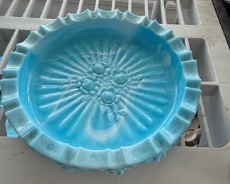 Blue Opalescent Glass Cabbage Rose Ruffled Bowl