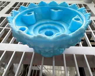 Fenton Hobnail Blue Marble Slag Glass Candle Holder Bowl