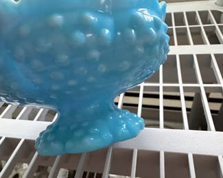Fenton Hobnail Blue Marble Slag Glass Candle Holder Bowl