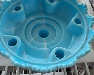 Fenton Blue Marble Swirl Hobnail Candle Holder Bowl