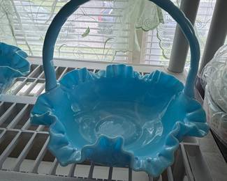 Fenton Blue Marble Slag Glass Basket