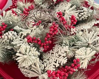 Artificial Flocked Christmas Wreath with Red Berries and Snowflakes