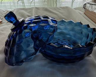Indiana Glass Whitehall Cubist Cobalt Blue Covered Candy Dish