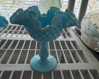 Fenton Blue Marble Hobnail Compote