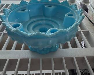 Fenton Blue Marble Swirl Hobnail Candle Holder Bowl