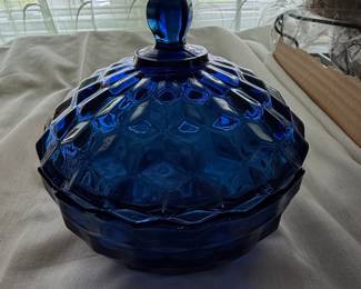 Indiana Glass Whitehall Cubist Cobalt Blue Covered Candy Dish