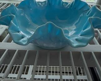 Fenton Blue Cabbage Leaf Slag Glass Candy Dish