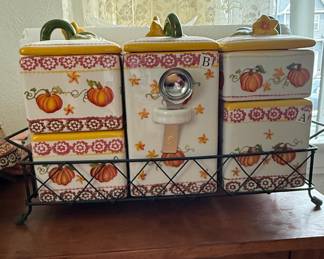 Temptations by Tara Old World Pumpkin Patch Ceramic Canister Set with Metal Rack