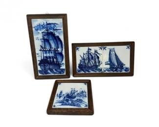 81 VintageDelftStyleBlueWhiteSailingShipTilePanels3Pc