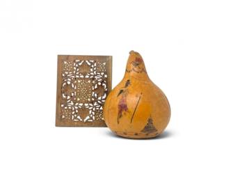 88 HandPaintedGourdCarvedIndianWoodTrivetwInlay2Pc