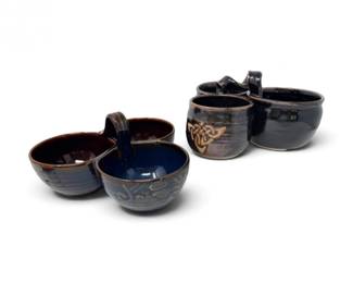 109 GlazedCeramicTripleServingBowlswHandles2Pcs