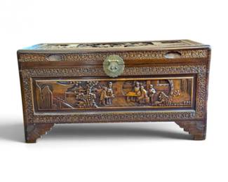 74 VintageHeavilyCarvedAsianStyleCamphorWoodChestwGlassTop