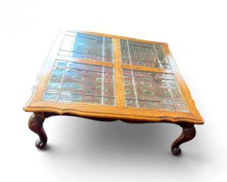 25 WoodCoffeeTablewGlassPanelTopBrassInlay