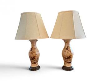 22 PairofCeramicTableLampswBirdMotifFabricShades