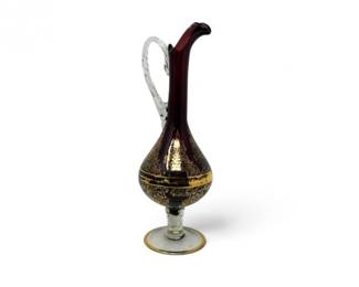 134 HandBlownBurgundyGlassPitcherwGoldDecorativeDetailing