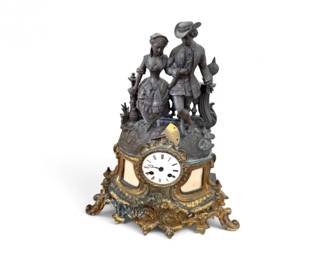 19 AntiqueFiguralMantelClockCoupleonBenchBrassStoneCase