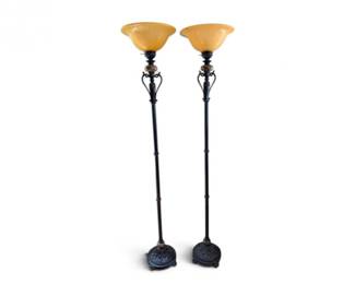 15 PairofTorchiereFloorLampswithStoneAccentsAmberGlassShades