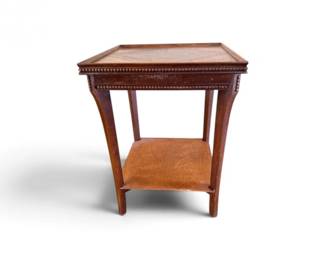 37 VintageWoodSideTableGeometricInlaidTopBeadedTrim