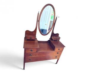 49 WoodVanityDresserwOvalMirrorInlaidDetail