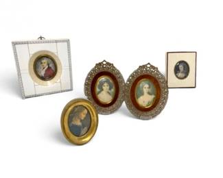 93 AssortedVintageMiniaturePortraitsinOvalDecorativeFrames
