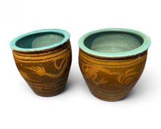 43 PairLargeGlazedCeramicDragonPlantersBrownTurquoise