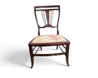 4 VintageInlaidWoodSideChairwNeedlepointUpholsteredSeat